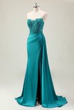 Peacock Blue Strapless Beaded Satin Mermaid Prom Dress with Slit