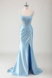 Spaghetti Straps Blue Applique Corset Satin Mermaid Prom Dress with Slit