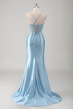 Spaghetti Straps Blue Applique Corset Satin Mermaid Prom Dress with Slit