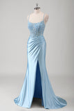 Blue Applique Corset Beaded Satin Mermaid Prom Dress with Slit