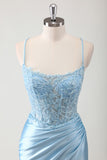 Blue Applique Corset Beaded Satin Mermaid Prom Dress with Slit