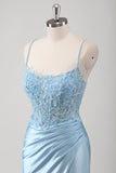 Blue Applique Corset Beaded Satin Mermaid Prom Dress with Slit