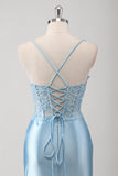 Blue Applique Corset Beaded Satin Mermaid Prom Dress with Slit