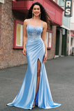 Spaghetti Straps Blue Applique Corset Satin Mermaid Prom Dress with Slit