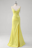 Yellow Corset Beaded Mermaid Satin Prom Dress with Slit