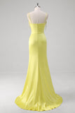 Yellow Corset Beaded Mermaid Satin Prom Dress with Slit