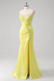 Yellow Corset Beaded Mermaid Satin Prom Dress with Slit