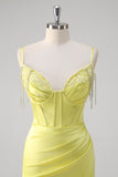 Yellow Corset Beaded Mermaid Satin Prom Dress with Slit