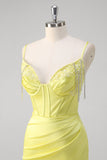 Yellow Corset Beaded Mermaid Satin Prom Dress with Slit