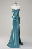 Grey Green Strapless Satin Sequined Mermaid Prom Dress with Slit