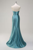 Grey Green Strapless Satin Sequined Mermaid Prom Dress with Slit