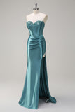 Grey Green Strapless Satin Sequined Mermaid Prom Dress with Slit