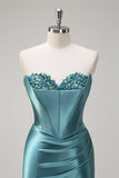 Grey Green Strapless Satin Sequined Mermaid Prom Dress with Slit