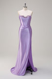 Lilac Mermaid Strapless Corset Sequin Satin Prom Dress with Slit