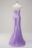 Lilac Mermaid Strapless Corset Sequin Satin Prom Dress with Slit