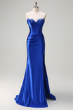 Royal Blue Sweetheart Mermaid Satin Prom Dress with Slit