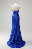 Royal Blue Sweetheart Mermaid Satin Prom Dress with Slit