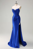 Royal Blue Sweetheart Mermaid Satin Prom Dress with Slit