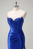 Royal Blue Sweetheart Mermaid Satin Prom Dress with Slit