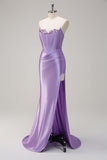 Lilac Mermaid Strapless Corset Sequin Satin Prom Dress with Slit