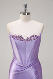 Lilac Mermaid Strapless Corset Sequin Satin Prom Dress with Slit