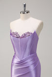 Lilac Mermaid Strapless Corset Sequin Satin Prom Dress with Slit