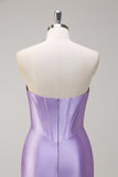 Lilac Mermaid Strapless Corset Sequin Satin Prom Dress with Slit