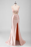 Peach Applique Satin Backless Mermaid Prom Dress with Slit