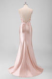 Peach Applique Satin Backless Mermaid Prom Dress with Slit