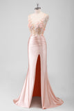 Peach Applique Satin Backless Mermaid Prom Dress with Slit