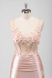 Peach Applique Satin Backless Mermaid Prom Dress with Slit