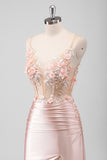 Peach Applique Satin Backless Mermaid Prom Dress with Slit