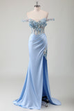 Sky Blue Off the Shoulder Applique Satin Prom Dress with Slit