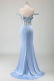 Sky Blue Off the Shoulder Applique Satin Prom Dress with Slit