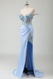 Sky Blue Off the Shoulder Applique Satin Prom Dress with Slit