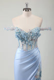 Sky Blue Off the Shoulder Applique Satin Prom Dress with Slit