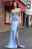 Sky Blue Mermaid Corset Applique Satin Prom Dress with Slit