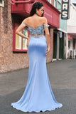 Sky Blue Mermaid Corset Applique Satin Prom Dress with Slit