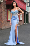 Sky Blue Mermaid Corset Applique Satin Prom Dress with Slit