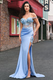 Sky Blue Mermaid Corset Applique Satin Prom Dress with Slit