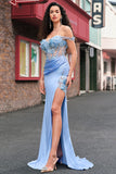 Sky Blue Mermaid Corset Applique Satin Prom Dress with Slit