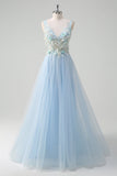 Light Blue Deep V-Neck A-Line Long Prom Dress with 3D Flowers