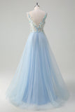 Light Blue Deep V-Neck A-Line Long Prom Dress with 3D Flowers