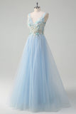 Light Blue Deep V-Neck A-Line Long Prom Dress with 3D Flowers