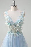 Light Blue Deep V-Neck A-Line Long Prom Dress with 3D Flowers