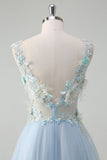 Light Blue Deep V-Neck A-Line Long Prom Dress with 3D Flowers