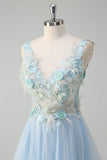 Light Blue Deep V-Neck A-Line Long Prom Dress with 3D Flowers