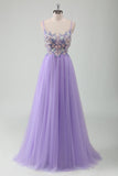 Purple Tulle A-Line Spaghetti Straps Long Prom Dress with Appliques