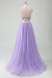 Purple Tulle A-Line Spaghetti Straps Long Prom Dress with Appliques