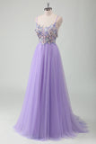 Purple Tulle A-Line Spaghetti Straps Long Prom Dress with Appliques